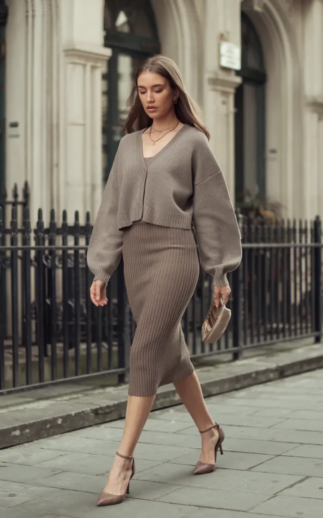Layer a cropped cardigan over a fitted midi skirt