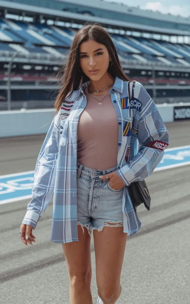 Layer a fitted tank under an open racing shirt