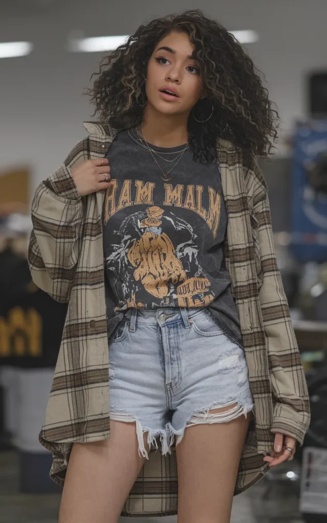 Layer a flannel shirt over a graphic tee and denim cutoffs