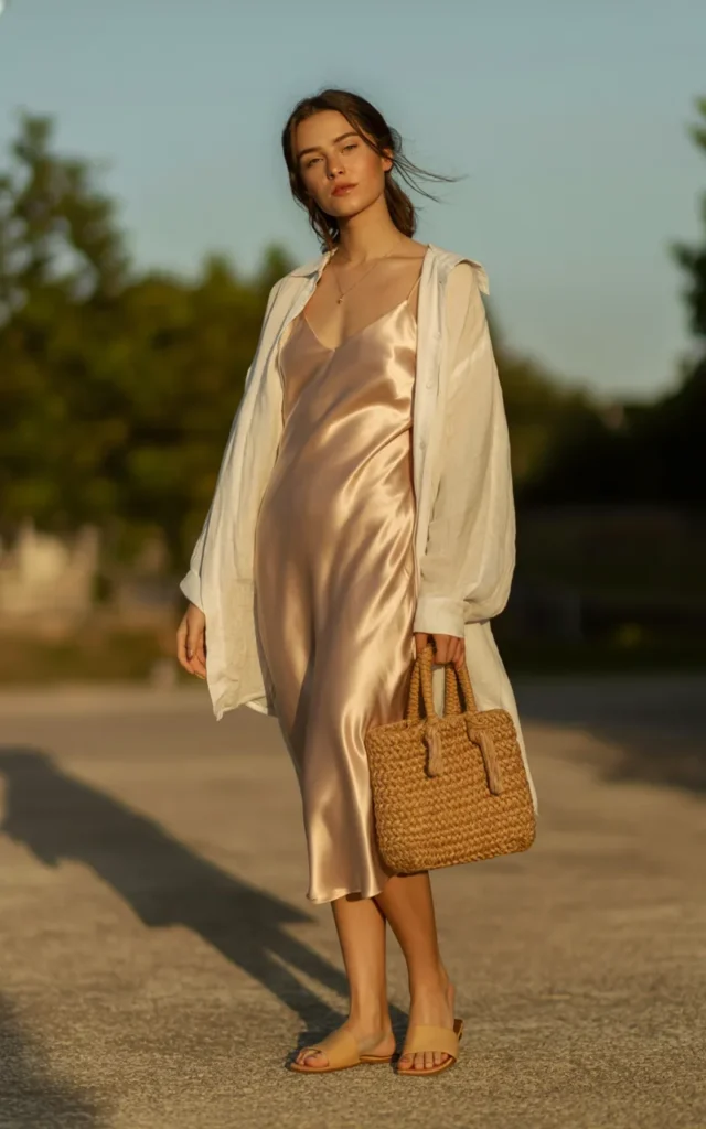 Layer a lightweight cardigan over a slip dress.