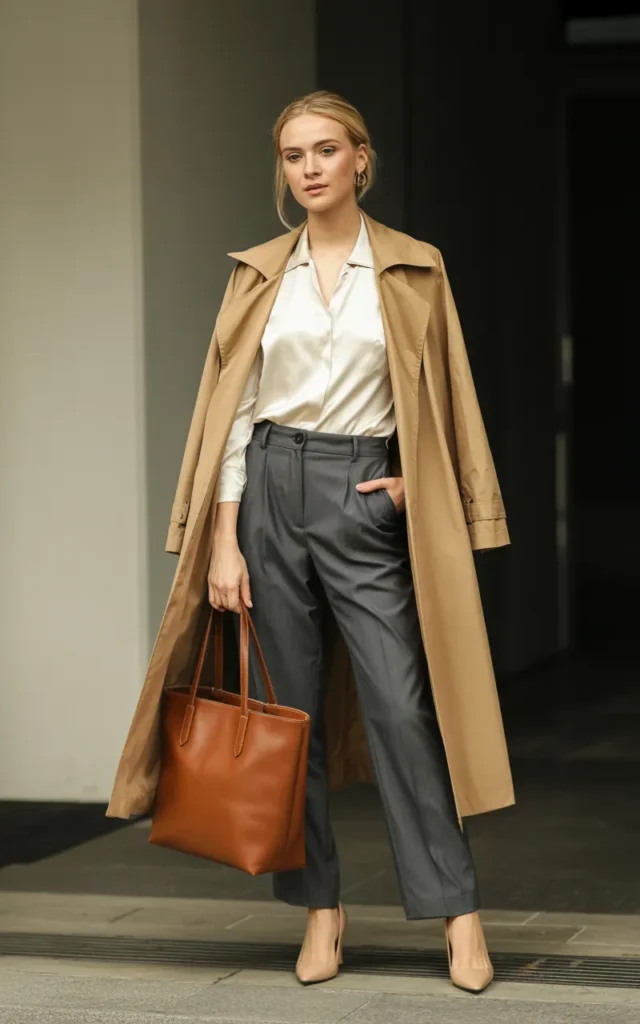 Layer a lightweight trench over a simple office outfit