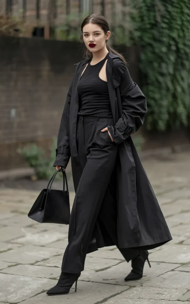 Layer a long black trench coat over a monochrome base.