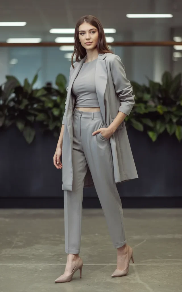 Layer a longline blazer over a fitted top and trousers