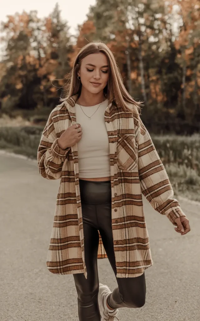 Layer a plaid shacket over a fitted tee and black leggings.