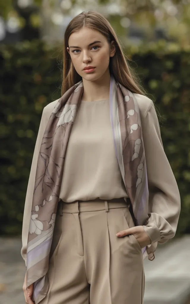 Layer a scarf over a simple blouse and trousers combo