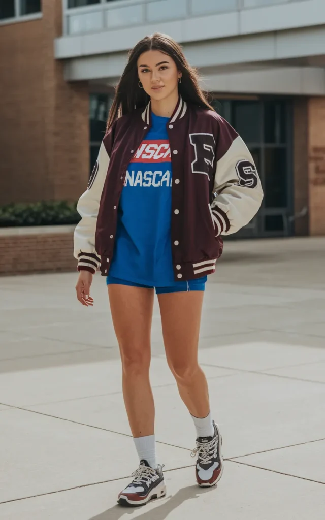 Layer a varsity jacket over a racing-inspired look