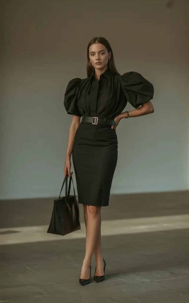Match a black pencil skirt with a dramatic blouse.