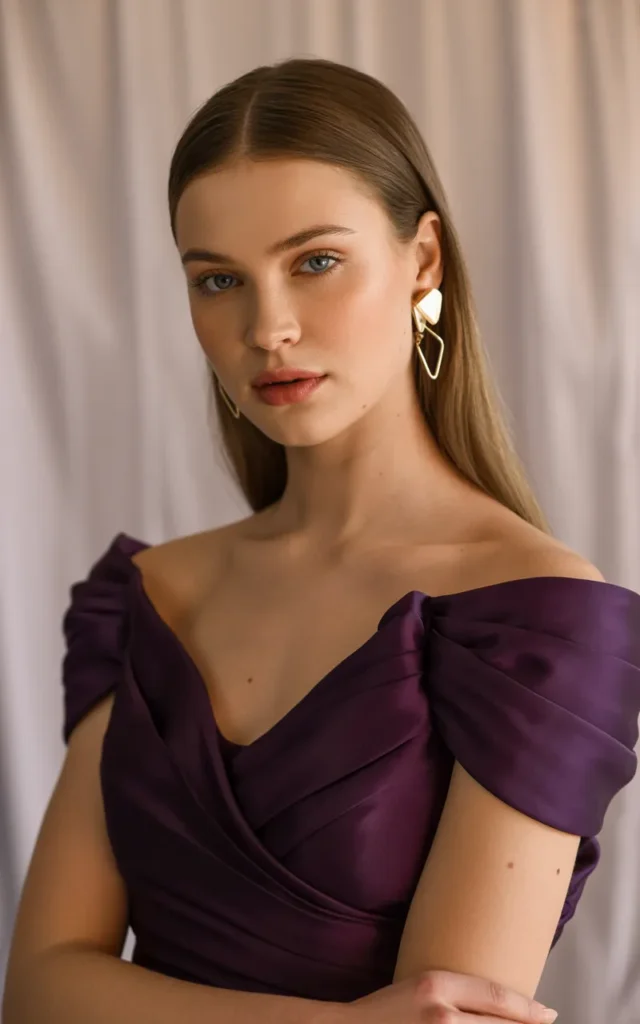 Opt for a deep purple gown with structured shoulders