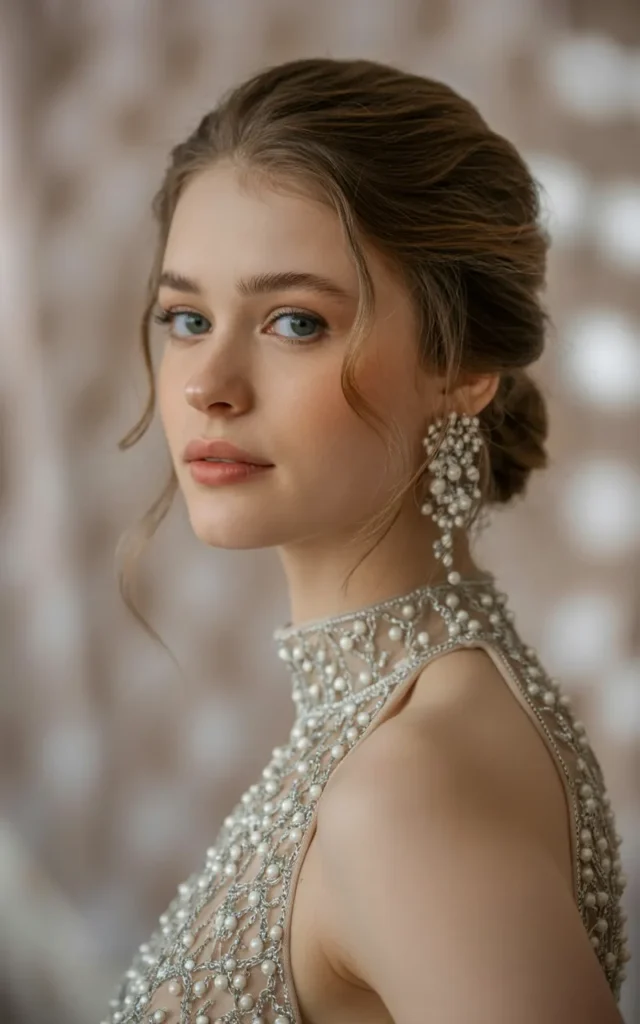 Opt for a high-neck dress with intricate beading