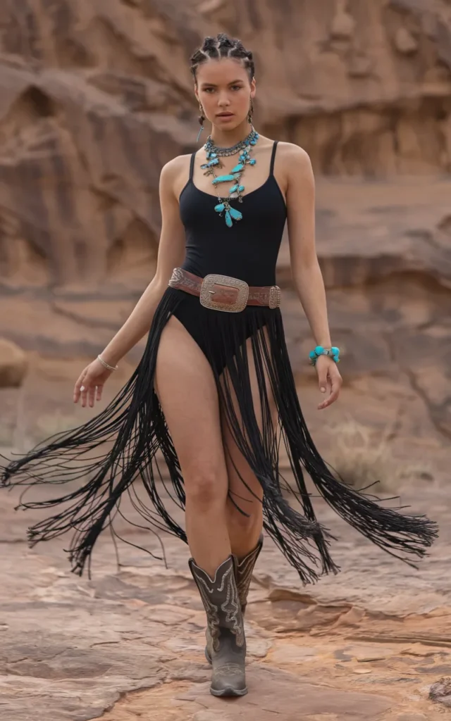 Pair a black bodysuit with a fringe skirt