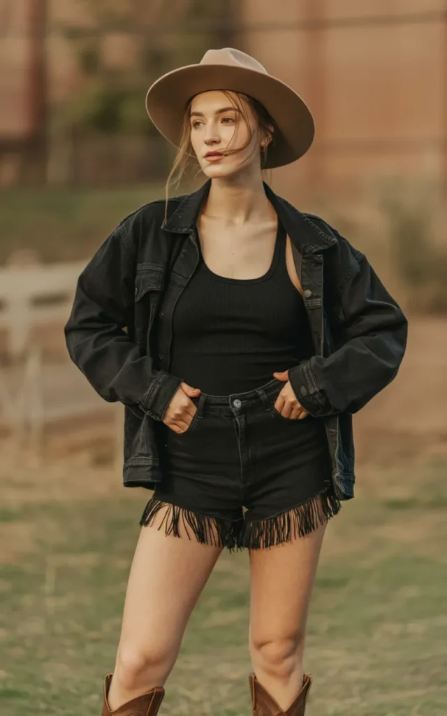 Pair a black denim jacket with high-waisted fringe shorts