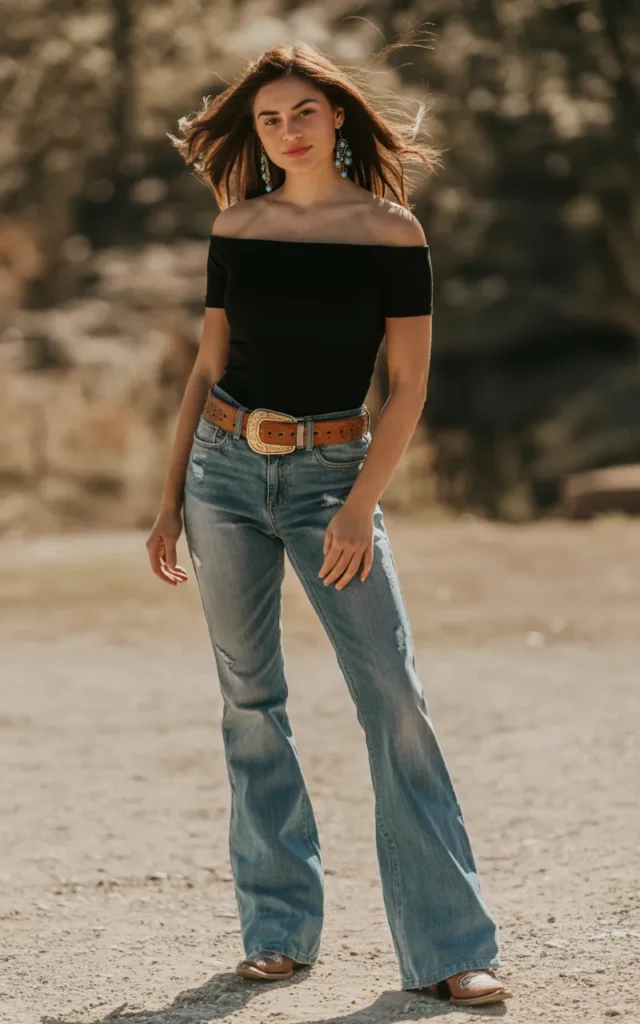 Pair a black off-shoulder top with distressed flares