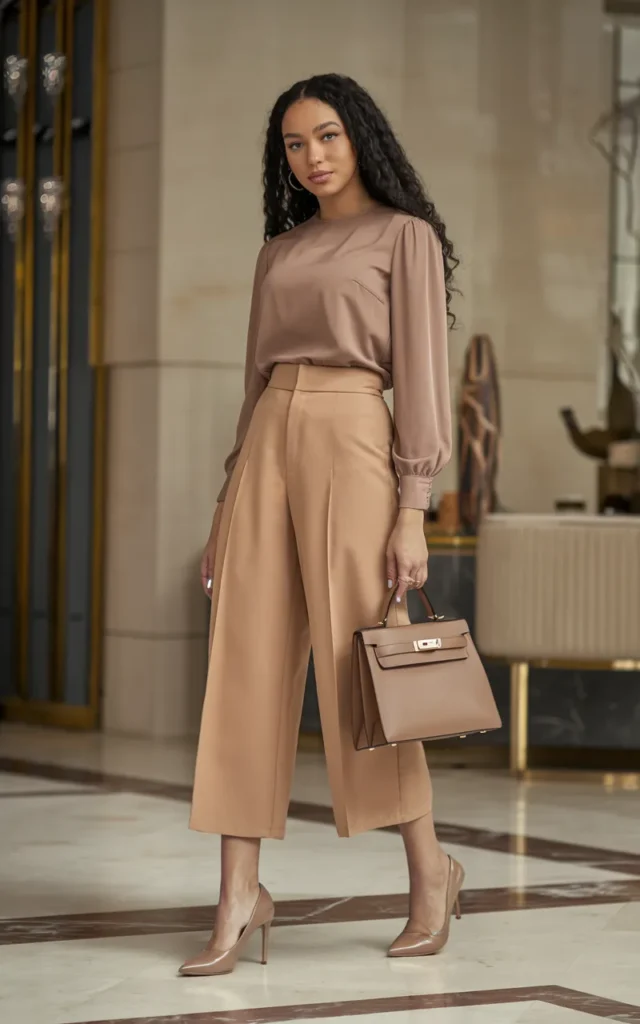 Pair a blouse with culottes and sleek heels