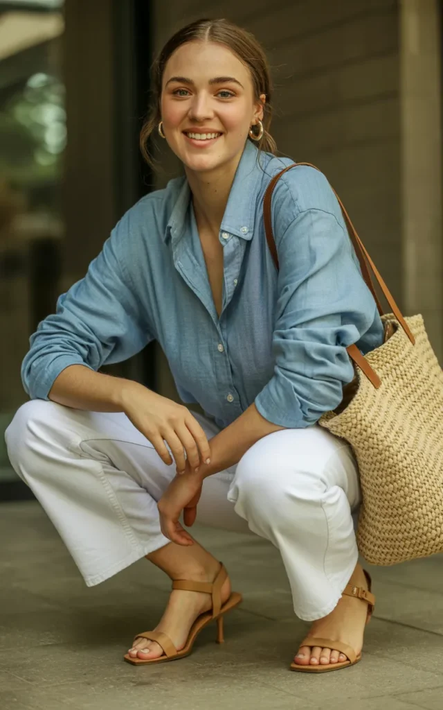 Pair a chambray shirt with white jeans and tan sandals 🤍