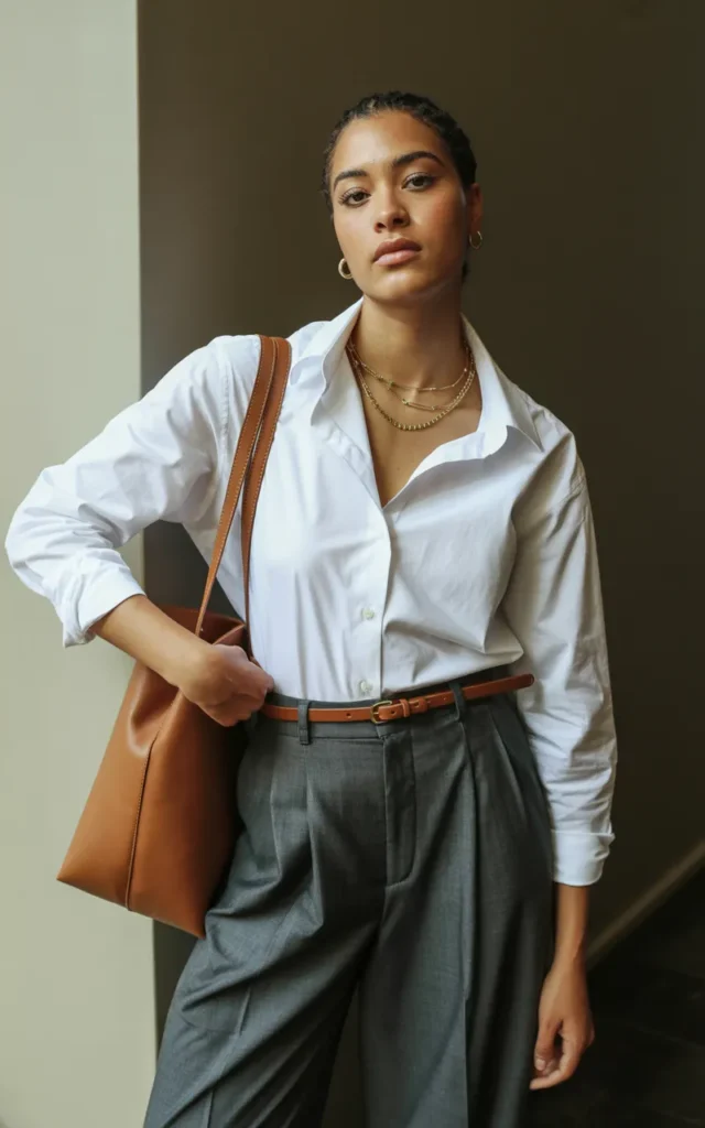 Pair a crisp white shirt with tailored wide-leg trousers