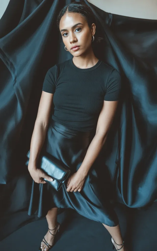 Pair a fitted black tee with a dramatic satin skirt.