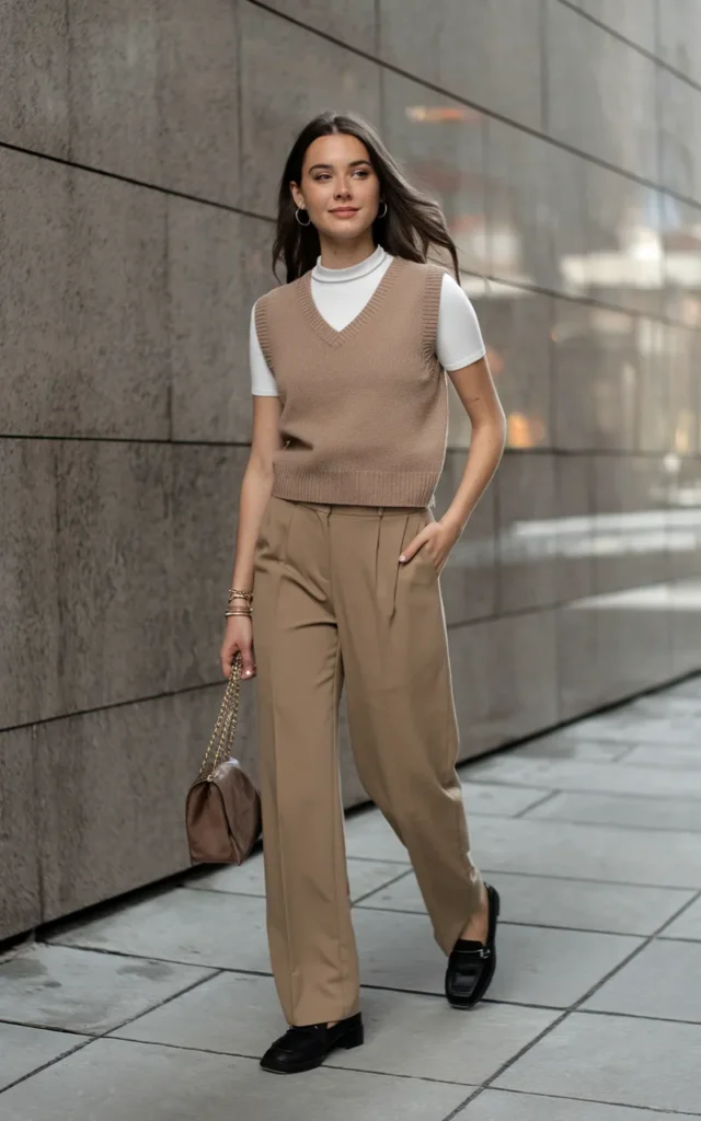 Pair a knit vest with straight-leg trousers
