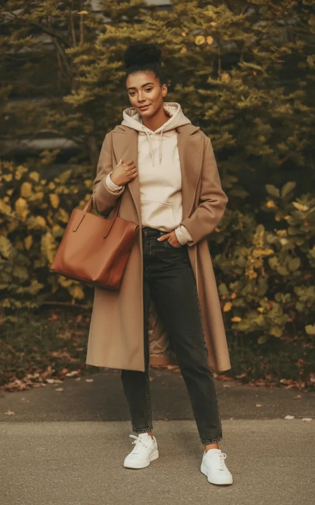 Pair a relaxed hoodie with a structured wool coat and sneakers.