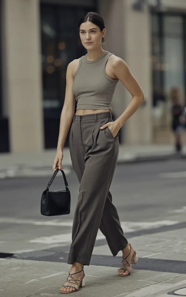 Pair a ribbed tank with tailored trousers and sandals