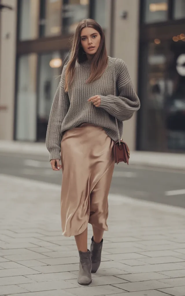 Pair a satin slip skirt with a chunky sweater.