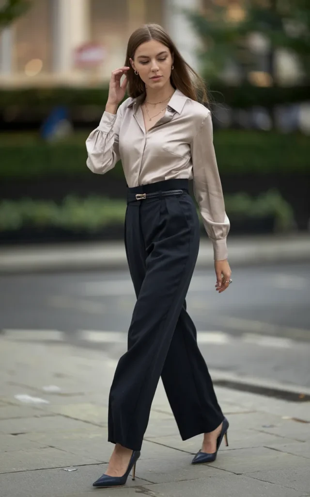 Pair a silk blouse with high-waisted trousers