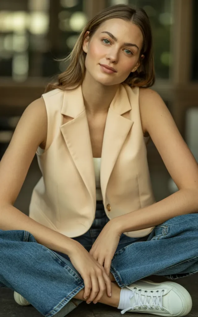 Pair a sleeveless vest with straight-leg jeans