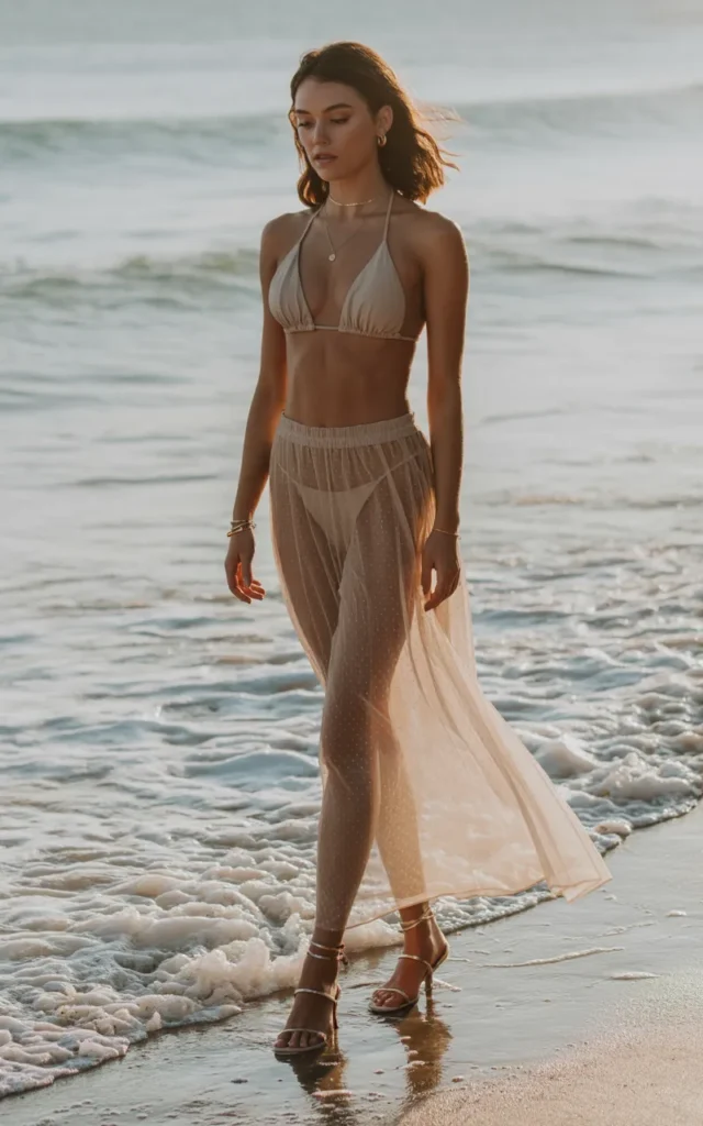 Pair a triangle bikini with a sheer maxi skirt.