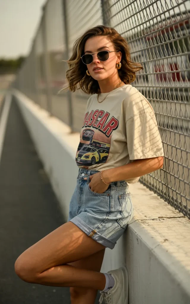 Pair a vintage NASCAR tee with distressed denim shorts