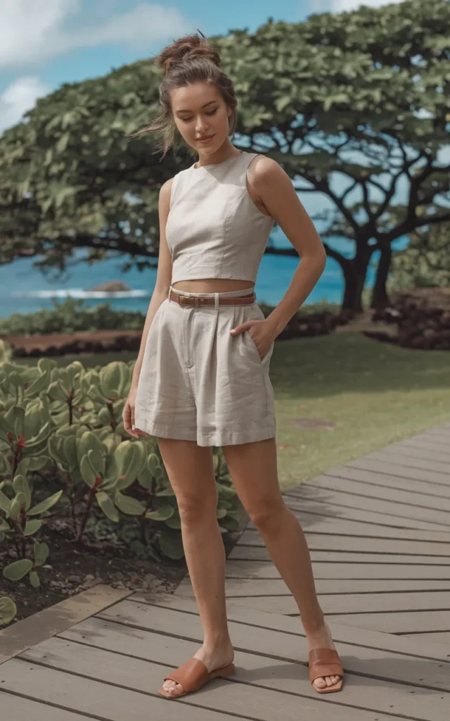 Pair high-waisted linen shorts with a cropped tank and slides.