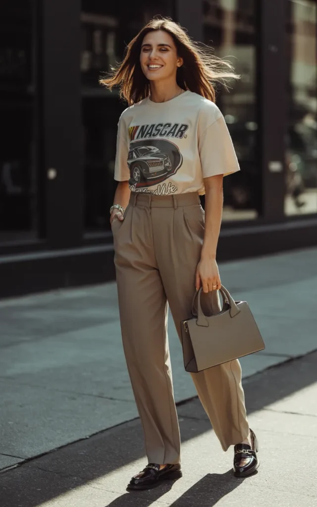 Pair wide-leg trousers with a tucked NASCAR tee