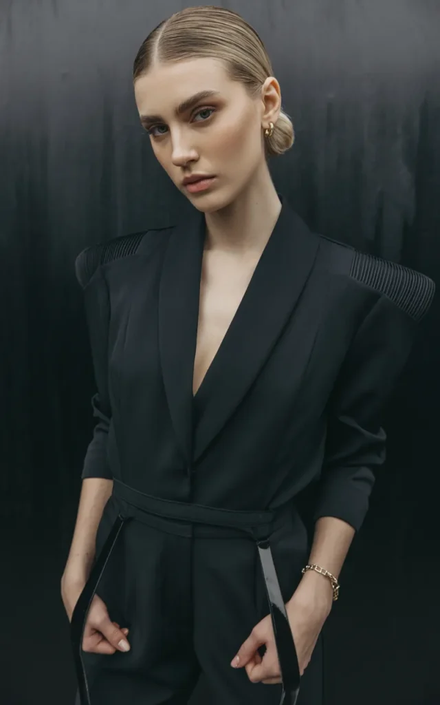 Rock a black jumpsuit with sculptural heels.