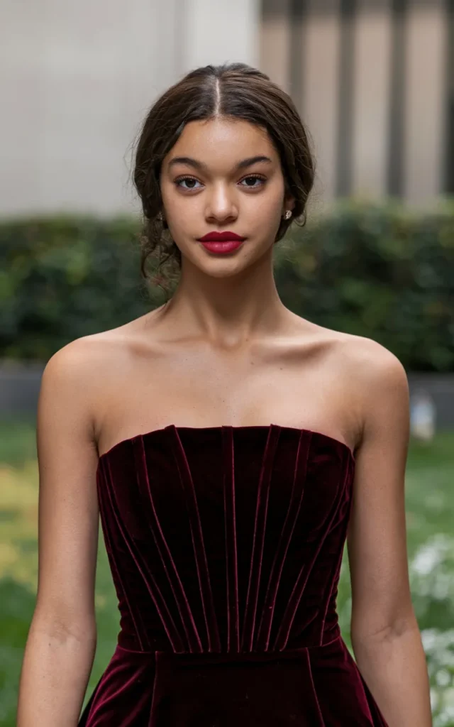 Rock a strapless velvet gown in deep burgundy
