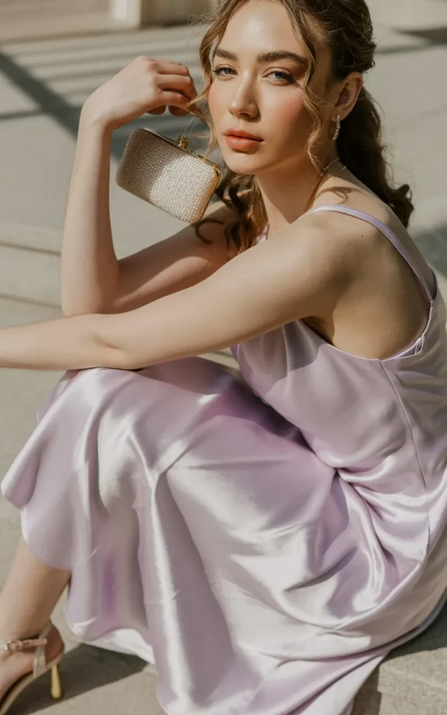 Slip into a pastel satin midi dress with strappy heels