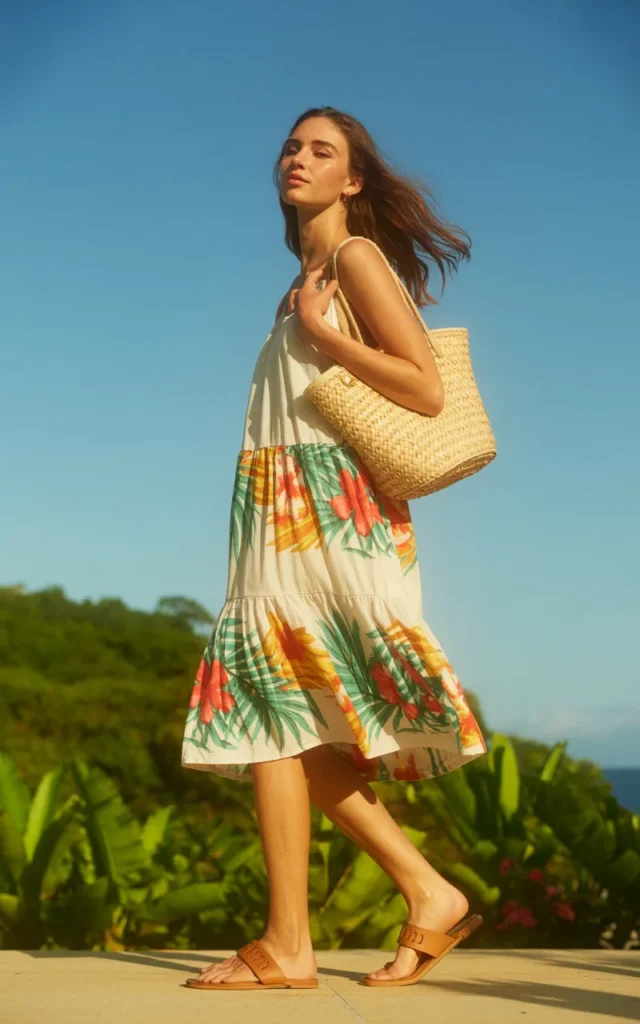 Slip into a tiered sundress with flat leather sandals.