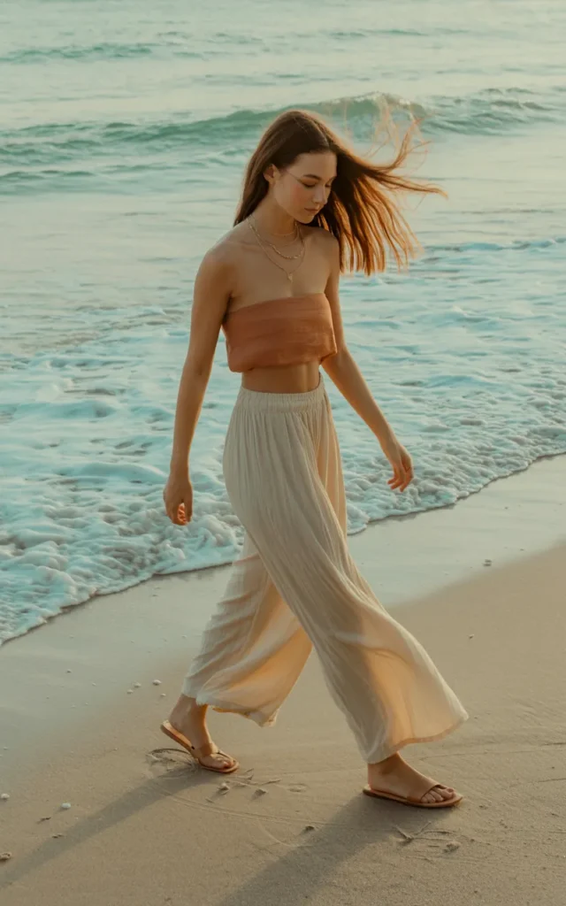 Slip into wide-leg palazzo pants with a bandeau top.