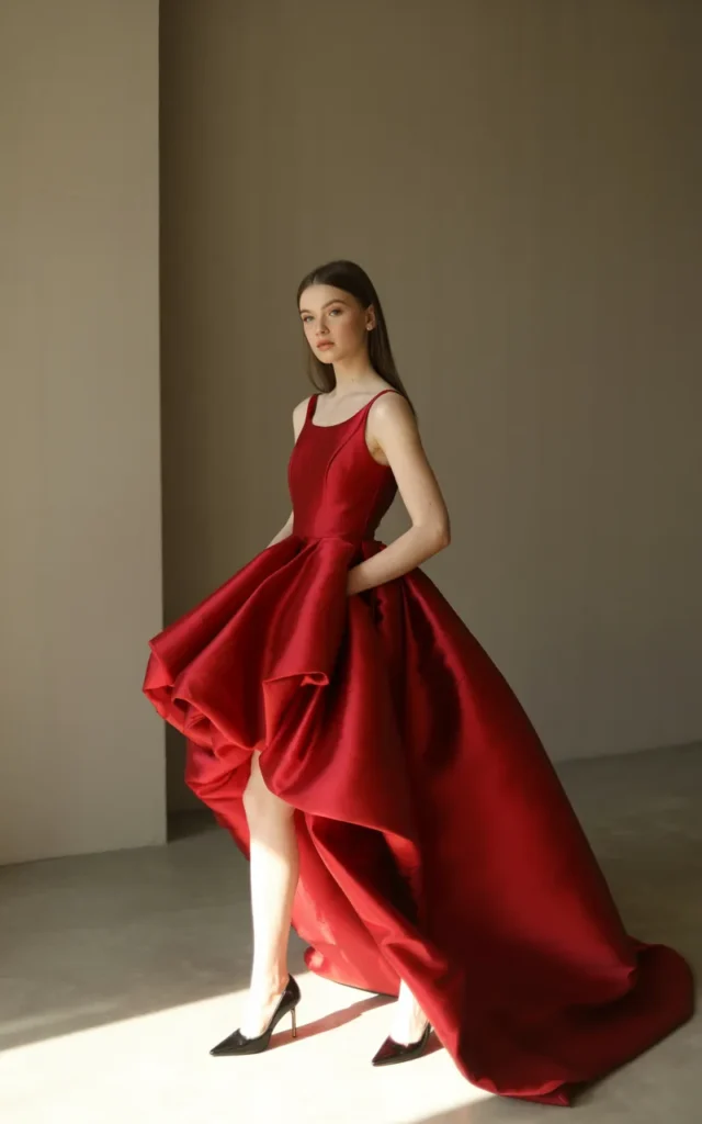 Step into a bold red satin gown with a dramatic train