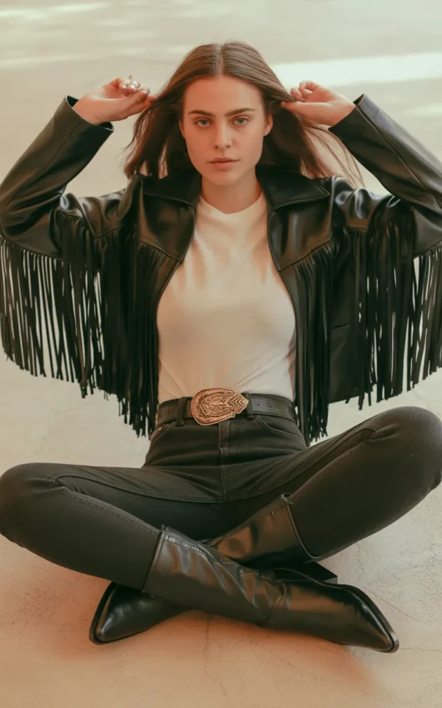 Style a black fringe jacket with skinny jeans