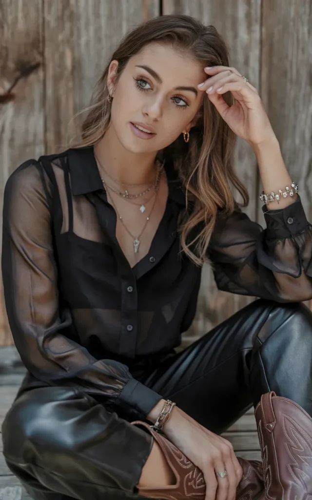 Style a black sheer blouse with leather pants