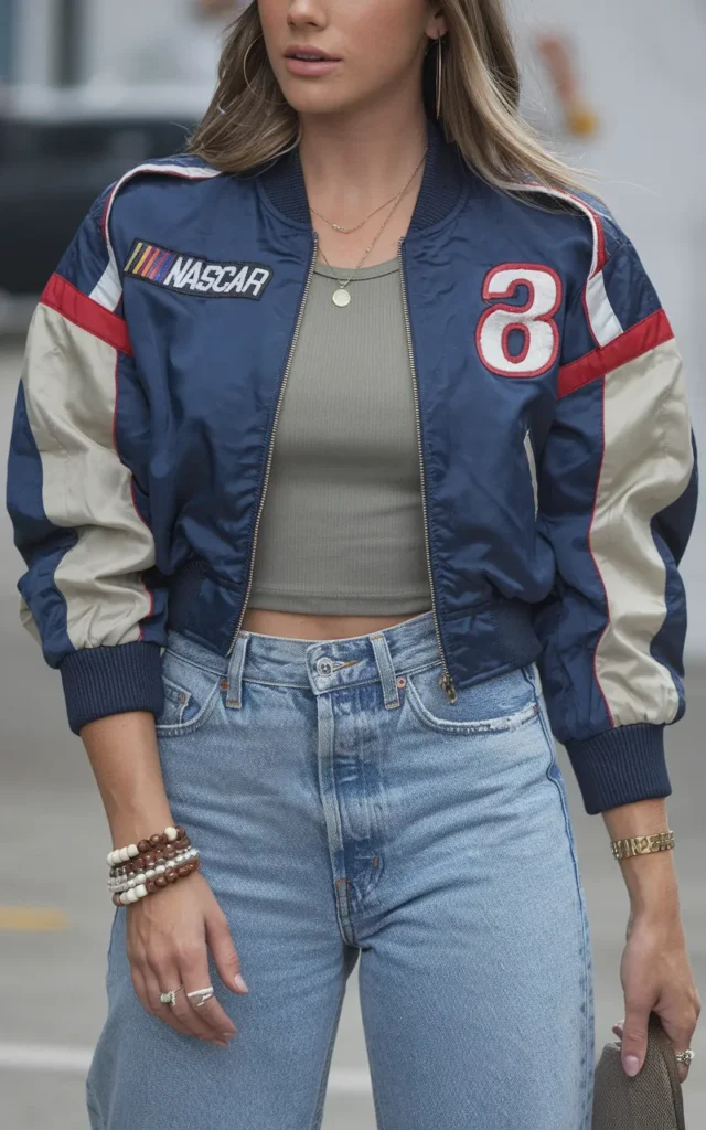Style a cropped racing jacket with high-waisted jeans