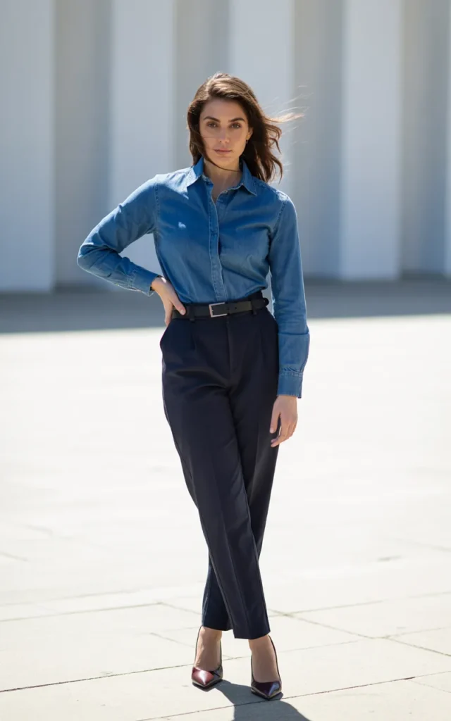 Style a denim shirt with tailored black trousers