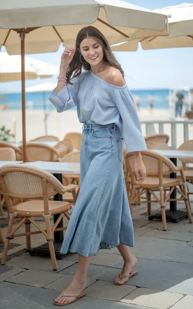 Style a denim skirt with a lightweight off-shoulder top.