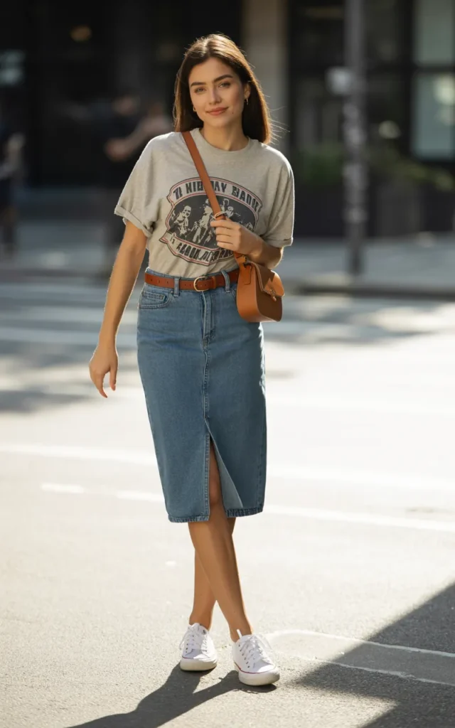 Style a denim skirt with a tucked-in graphic tee