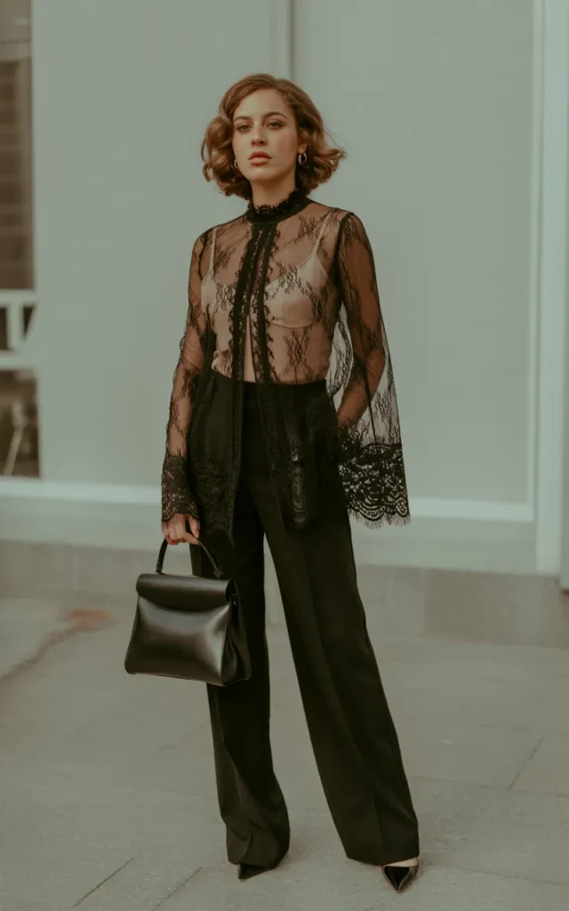 Style a high-neck lace top with tailored wide-leg trousers.