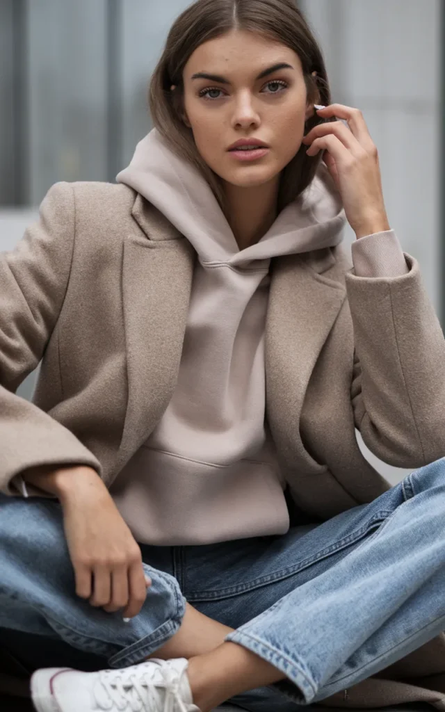 Style a hoodie under a tailored coat with straight jeans