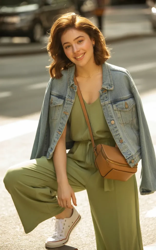 Style a jumpsuit with a denim jacket and sneakers