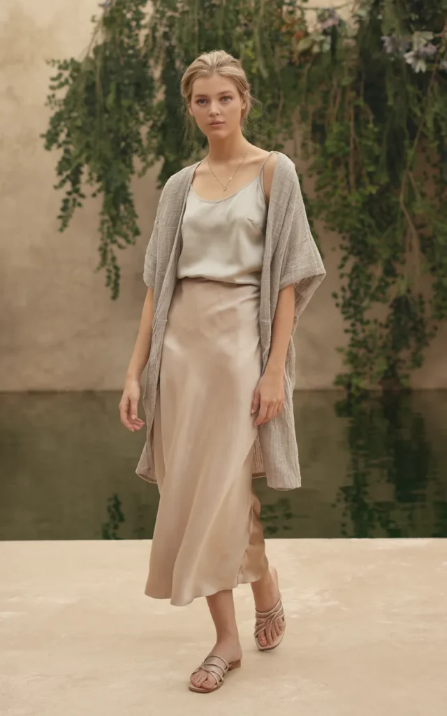 Style a lightweight cardigan over a slip skirt and tank.