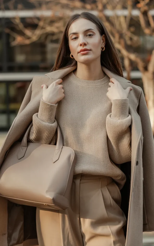 Style a neutral monochrome outfit with textured layers.