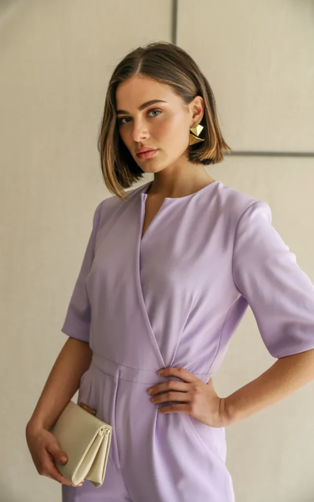Style a pastel jumpsuit with formal accessories