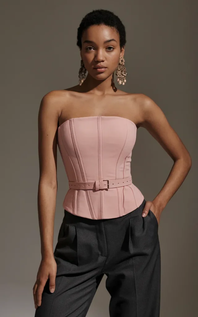 Style a pink tube top with a structured corset belt