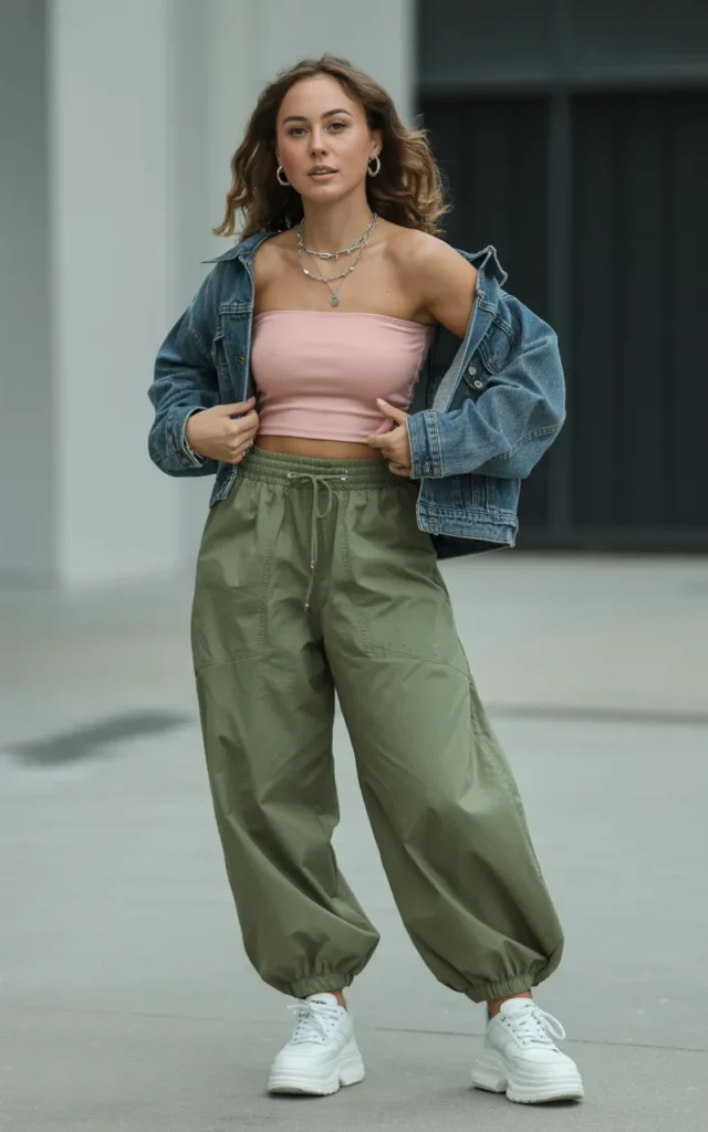 Style a pink tube top with parachute pants